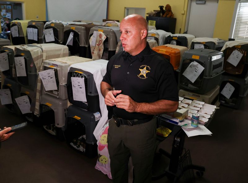 Martin County Sheriff John Budensiek speaks with media about the extreme animal hoarding case, July 22, 2026 at the Humane Society of the Treasure Coast in Palm City.