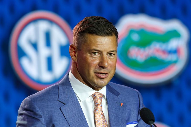 Jul 22, 2026; Tampa, FL, USA; Florida Gators head coach Jon Sumrall speaks to the press during SEC Football Kickoff Media Day at the Tampa Marriott. Mandatory Credit: Nathan Ray Seebeck-Imagn Images