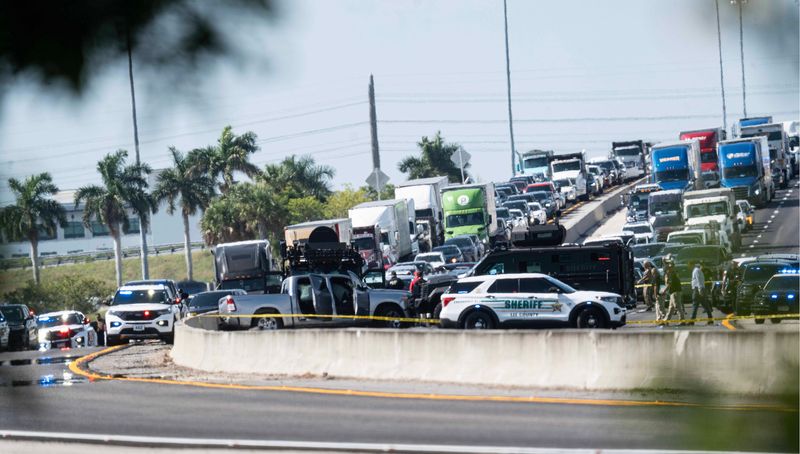 A large law enforcement presence is seen on I-75 just south of Alico Road on Wednesday, July 22, 2026. Members of the Florida Highway Patrol, Lee County Sheriff’s and more are investigating.