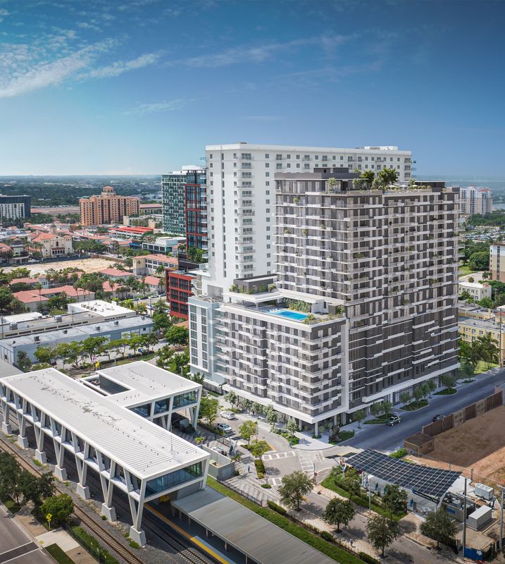 A rendering of the twin-tower complex planned for Datura Street next to the Brightline station in West Palm Beach.