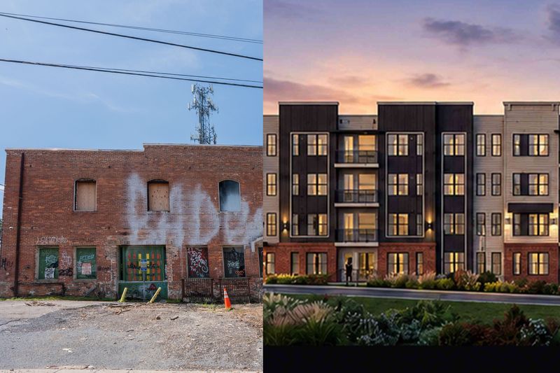 The historic Wahnish Cigar Factory property, located at 469 St. Francis Street, next to a rendering of the development being proposed for the land.