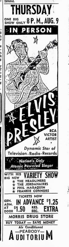 News-Journal advertisement for the Elvis show at Peabody Auditorium. "Nation's Only Atomic Powered Singer."