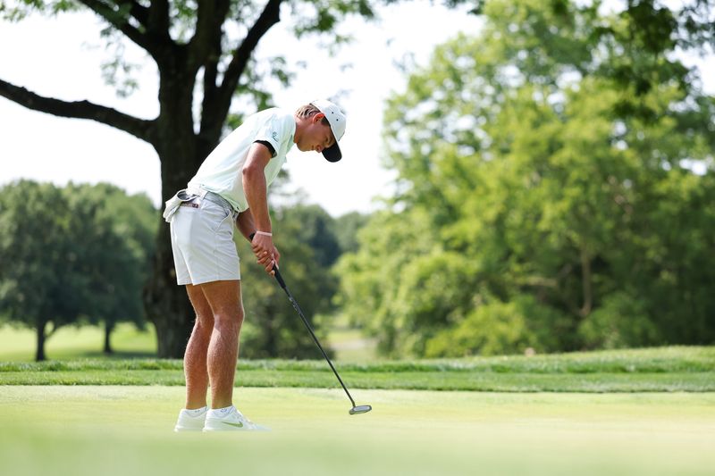 Miles Russell of Jacksonville Beach putts on the 12th hole during the finals of the 2026 U.S. Junior Amateur at Saucon Valley C.C. (Old Course) in Bethlehem, Pa. on Saturday, July 25, 2026.