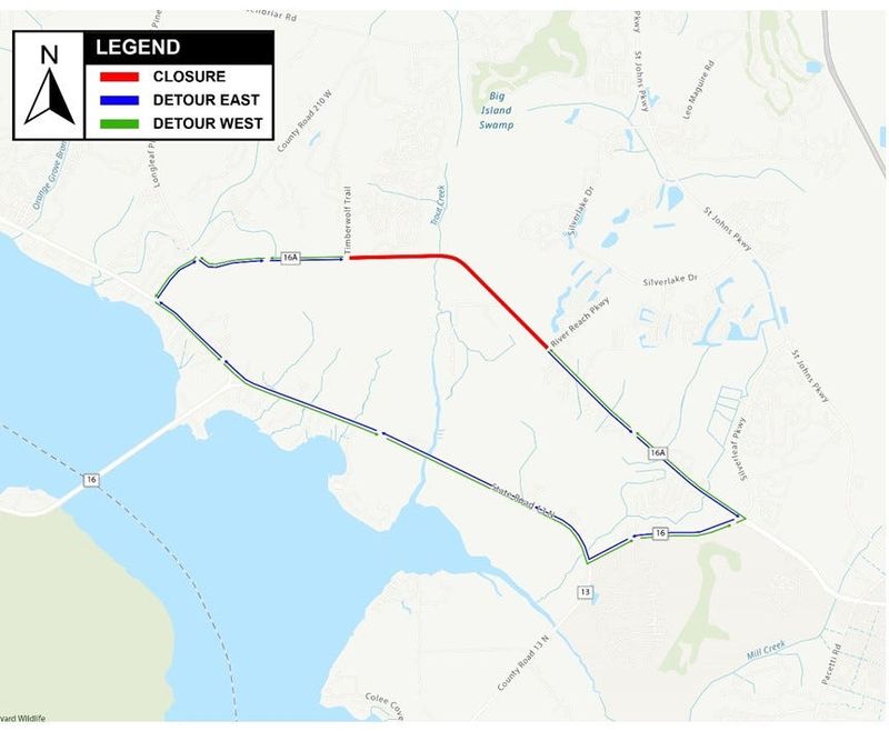 County Road 16A between Timberwolf Trail and River Reach Parkway closes for multiple weekends in July and August for pipe installation.