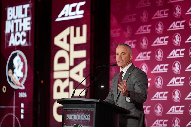 Jul 15, 2026; Charlotte, NC, USA;   Florida State Seminoles head coach Mike Norvell speaks to the media during ACC Media Days at Hilton Charlotte Uptown. Mandatory Credit: Jim Dedmon-Imagn Images