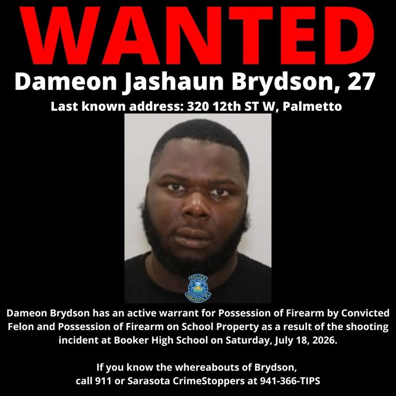 Dameon Jashuan Brydson is wanted in connection with the shooting incident at Booker High School on Saturday, July 18. He is from Palmetto and is a four-time convicted felon, and now has an active warrant for Possession of Firearm by Convicted Felon and Possession of Firearm on School Property.