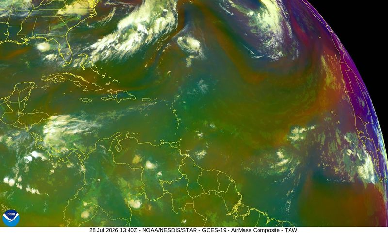 Satellite view of conditions in the Atlantic basin as of 10 a.m. July 28, 2026.