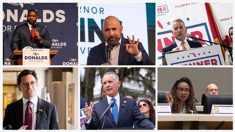 Candidates for Florida governor (from top left): Byron Donalds, Jay Collins, Paul Renner, James Fishback, David Jolly, Dotie Joseph