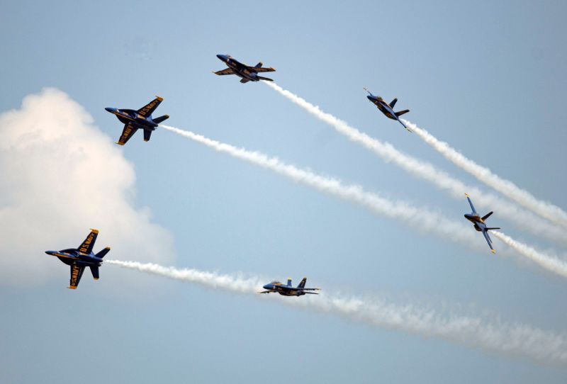 The U.S. Navy Blue Angels delta soars over NAS Pensacola during the team's practice on July 28, 2026.