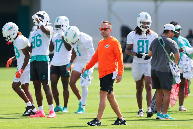 Jul 29, 2026; Miami Gardens, FL, USA; Miami Dolphins head coach Jeff Hafley looks on during practice at Baptist Health Training Complex. Mandatory Credit: Sam Navarro-Imagn Images