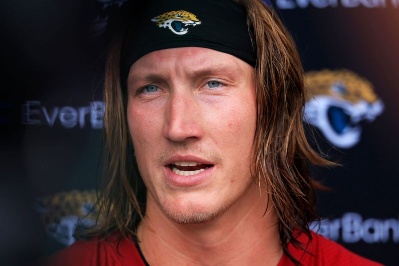 Jacksonville Jaguars quarterback Trevor Lawrence (16) speaks to members of the media after the first day of NFL Training Camp at the Miller Electric Center on Wednesday, July 29, 2026, in Jacksonville, Fla.
