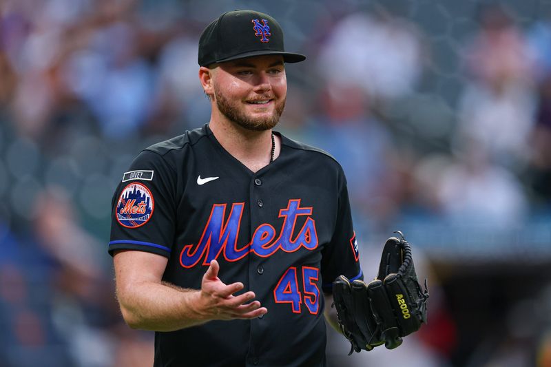 New York Mets pitcher Christian Scott (45) reacts during the first inning against the Atlanta Braves on July 29, 2026, at Citi Field.