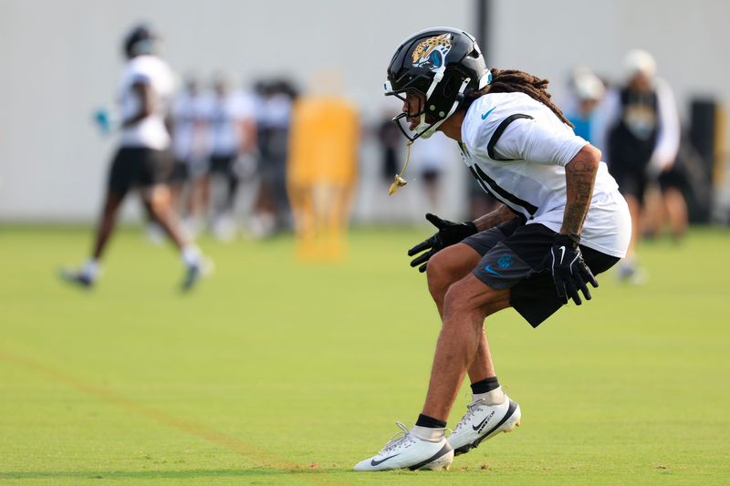 Jacksonville Jaguars cornerback Keni-H Lovely (31) backpedals during the third day of NFL Training Camp at the Miller Electric Center on Friday, July 31, 2026, in Jacksonville, Fla.