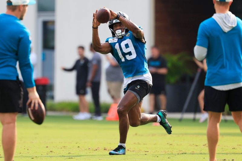 Jacksonville Jaguars wide receiver Josh Cameron (19) catches a pass during the third day of NFL Training Camp at the Miller Electric Center on Friday, July 31, 2026, in Jacksonville, Fla.