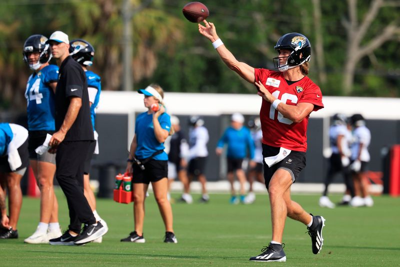 Jacksonville Jaguars quarterback Trevor Lawrence (16) throws the ball during the third day of NFL Training Camp at the Miller Electric Center on Friday, July 31, 2026, in Jacksonville, Fla.