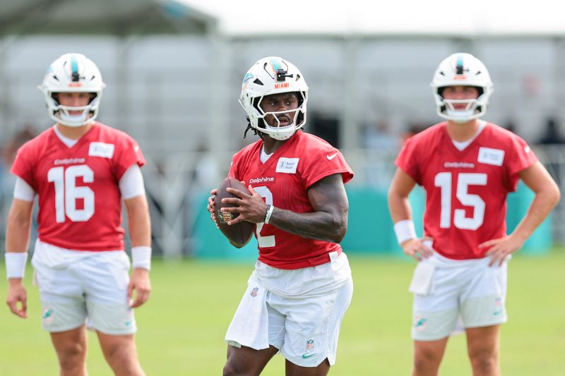 Jul 31, 2026; Miami Gardens, FL, USA; Miami Dolphins quarterback Malik Willis (2) works during practice at Baptist Health Training Complex. Mandatory Credit: Sam Navarro-Imagn Images
