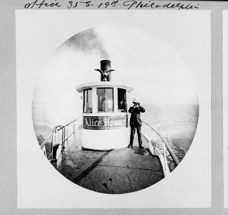 An 1889 Kodak photo of a man standing on the deck of the steamboat Alice Howard in Charlotte Harbor. The steamer previously plied Lake Monroe between Enterprise and Sanford.