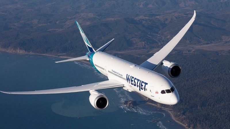 A WestJet Boeing 787-9 Dreamliner in flight.