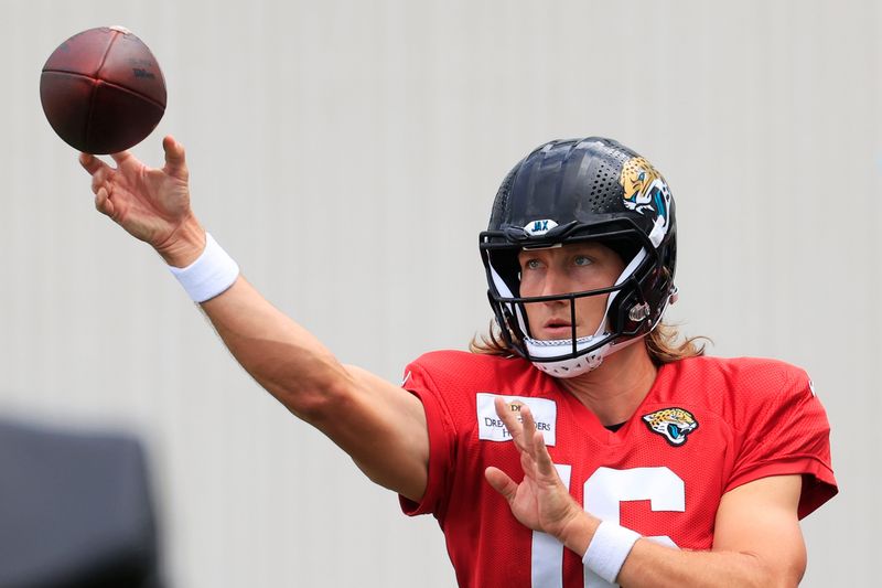 Jacksonville Jaguars quarterback Trevor Lawrence (16) throws the ball during the fifth day of NFL training camp at the Miller Electric Center on Monday, Aug. 3, 2026, in Jacksonville, Fla. Today marked the first full‑pads practice. [Corey Perrine/Florida Times-Union]