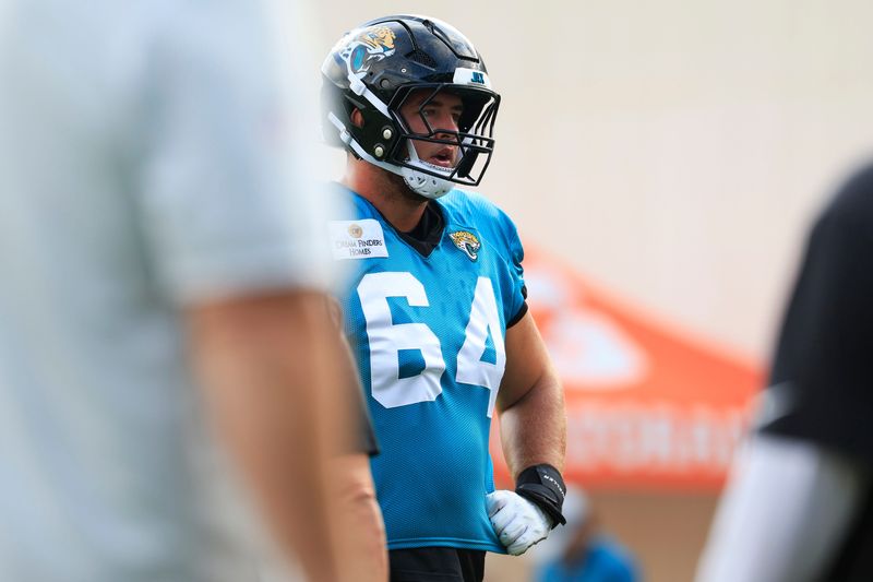 Jacksonville Jaguars offensive tackle Wyatt Milum (64) looks on during the sixth day of NFL training camp at the Miller Electric Center on Tuesday, Aug. 4, 2026, in Jacksonville, Fla.