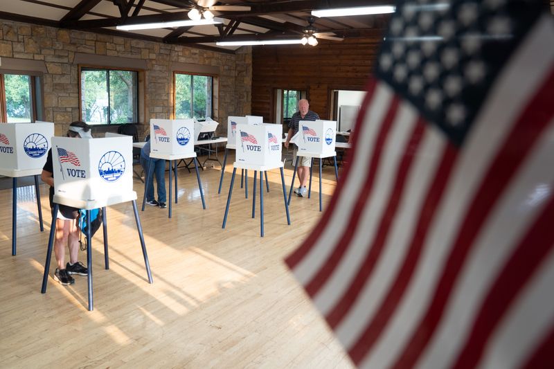An American flag is seen within Reynolds Lodge at Lake Shawnee as residents cast their ballot for the primary election on Aug. 4, 2026.