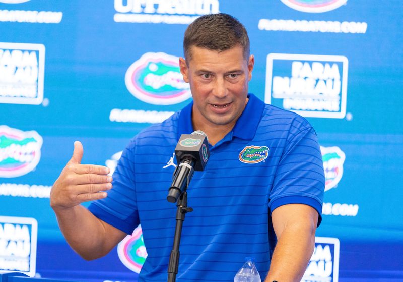 Florida Head Coach Jon Sumrall speaks during Florida Football Fall camp availability at Heavener Football Training Center in Gainesville, FL on Tuesday, August 4, 2026. [Alan Youngblood/Gainesville Sun]