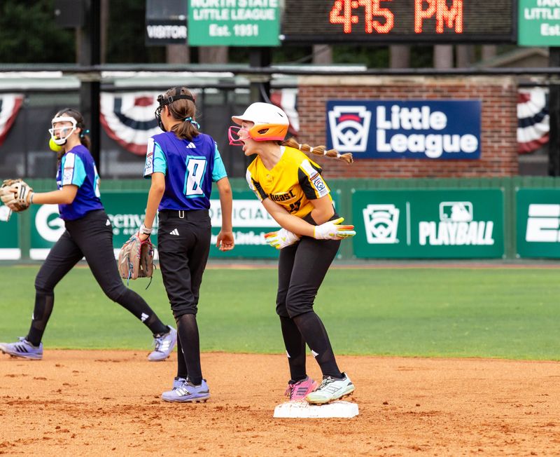 Lake Mary Little League player Avery Little shouts to her teammates from second base during Florida's game vs. Italy in the 2026 Little League Softball World Series on Aug. 3, 2026, in Greenville, North Carolina.