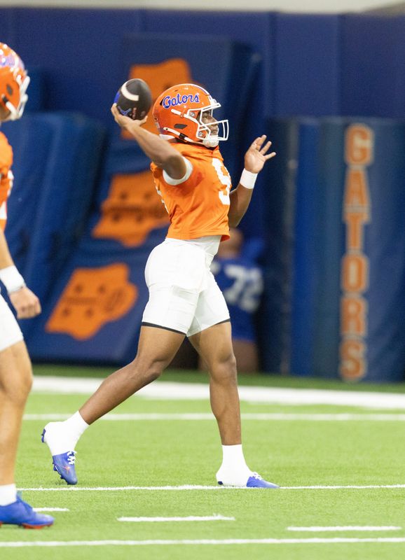 Florida quarterback J. Tramell Jones Jr. (9) passes during Florida Football Fall camp availability at Heavener Football Training Center in Gainesville, FL on Wednesday, August 5, 2026. [Alan Youngblood/Gainesville Sun]
