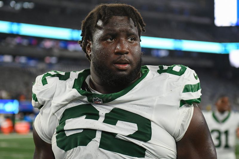 Aug 16, 2025; East Rutherford, New Jersey, USA; New York Jets defensive tackle Fatorma Mulbah (62) following the game against the New York Giants at MetLife Stadium. Mandatory Credit: Rich Barnes-Imagn Images