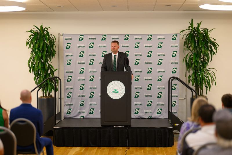 New Stetson baseball coach Shane Gierke speaks during his introductory press conference, Thursday, Aug. 6, 2026, in DeLand.