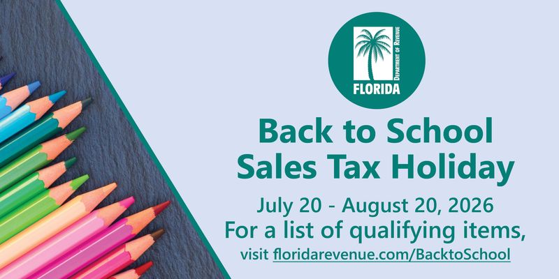 Consumers can purchase qualifying back to school supplies exempt from tax during the 2026 Back to School Sales Tax Holiday. Passed by the Florida Legislature and signed into law by Gov. Ron DeSantis, the sales tax holiday begins Monday, July 20 and extends through Thursday, August 20.