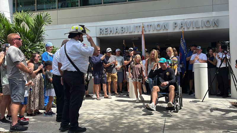 Sarasota County Fire Department firefighter Lt. Clay Huber was released from Sarasota Memorial Hospital on Aug. 6, four days after experiencing a medical emergency while responding to a structure fire on Aug. 2. He was greeted by a large community of supporters while leaving the hospital.