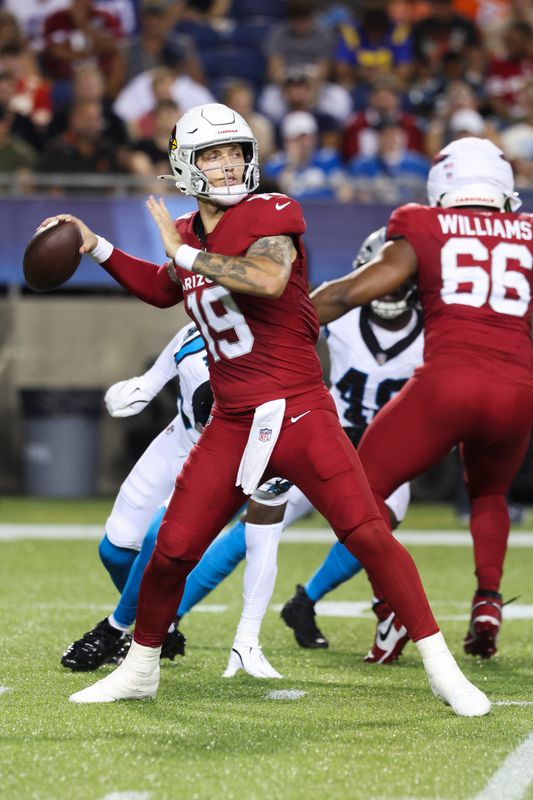 Aug 6, 2026; Canton, Ohio, USA; Arizona Cardinals quarterback Carson Beck (19) looks to pass during the game against the Carolina Panthers at Tom Benson Hall of Fame Stadium.