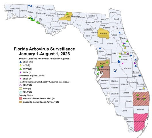 Florida mosquito-borne illnesses reported Jan. 1- Aug. 1, 2026.