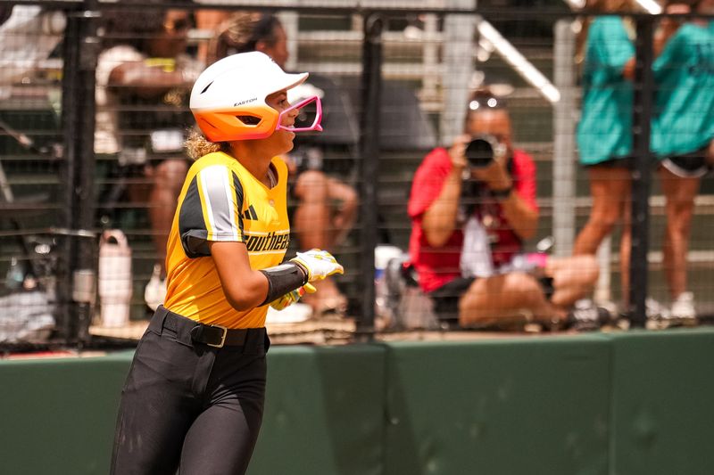 Lake Mary, Florida softball player Callie Ousley on the basepath during a game against Clayton, North Carolina at the 2026 Little League Softball World Series on Aug. 6, 2026, in Greenville, North Carolina.