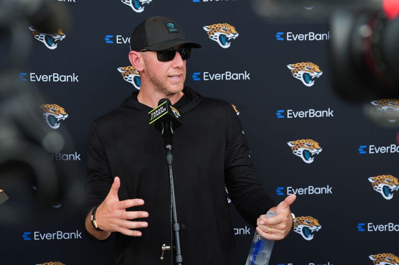 Jacksonville Jaguars Head Coach Liam Coen answers questions after the Jacksonville Jaguars eighth day of NFL Training Camp at the Miller Electric Center in Jacksonville, Fla., Friday, August 7, 2026.    [Doug Engle/Florida Times-Union]