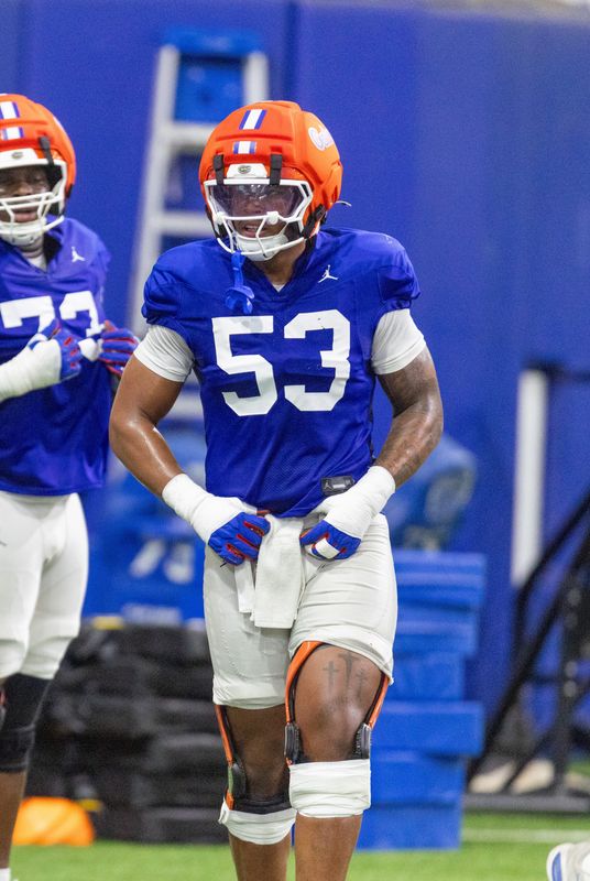 Florida offensive lineman Bryce Lovett (53) runs drills during Florida Football Fall camp practice availability at Heavener Football Training Center in Gainesville, FL on Friday, August 7, 2026. [Alan Youngblood/Gainesville Sun]