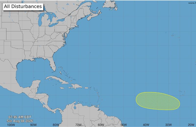 According to the 8 a.m. Saturday, Aug. 8, 2026, tropical outlook from the National Hurricane Center in Miami, Florida, a tropical wave was expected to move off the west coast of Africa on Tuesday. Some development of this system will be possible during the middle to latter part of next week while it moves westward across the eastern and central tropical Atlantic.
