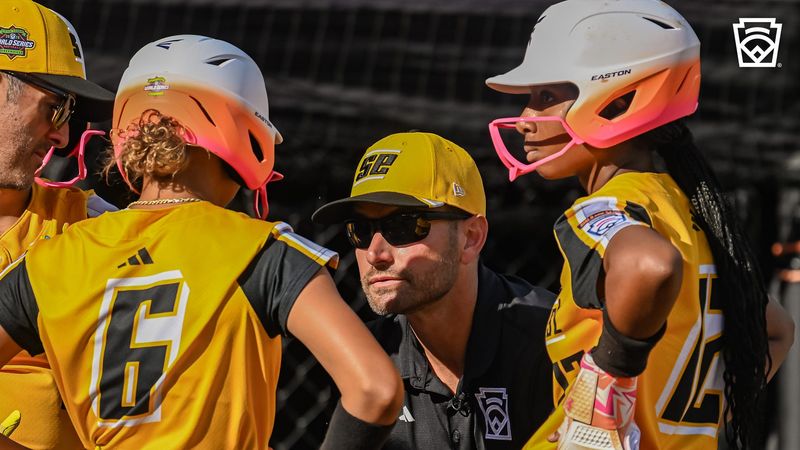 Lake Mary softball manager Brent Fieser talking with the Florida team at the 2026 Little League Softball World Series on Aug. 7, 2026, in Greenville, North Carolina. Florida won the game against Snohomish, Washington 5-0.