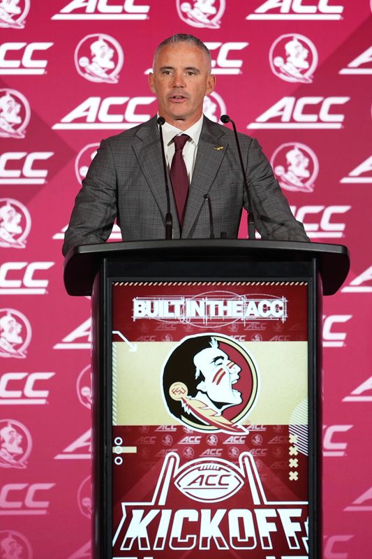 Jul 15, 2026; Charlotte, NC, USA;   Florida State Seminoles head coach Mike Norvell speaks to the media during ACC Media Days at Hilton Charlotte Uptown. Mandatory Credit: Jim Dedmon-Imagn Images
