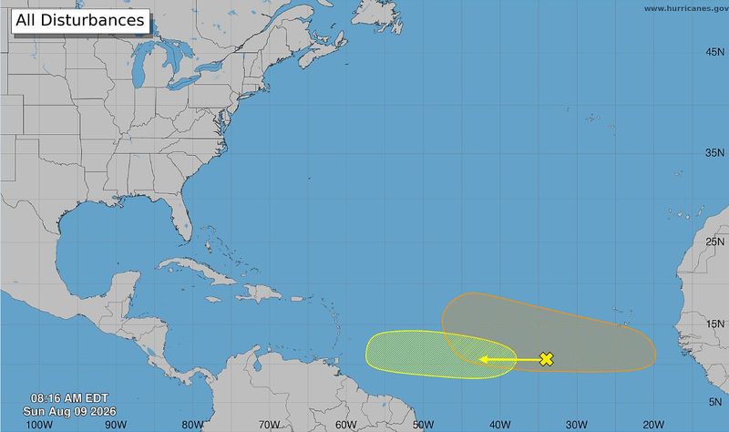 According to the 8 a.m. Sunday, Aug 9, 2026, tropical outlook from the National Hurricane Center in Miami, Florida, a tropical wave (shown in orange) was expected to move off the west coast of Africa early this week. A broad area of showers and thunderstorms associated with a tropical wave (shown in yellow) was located several hundred miles west-southwest of the Cabo Verde Islands.