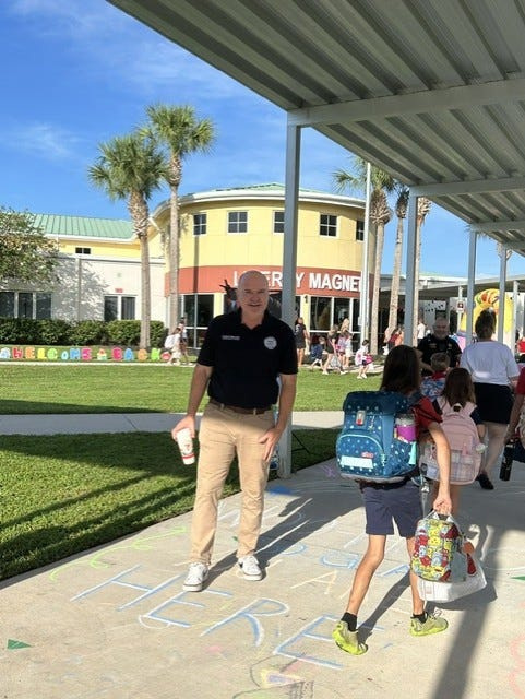 Indian River County school Superintendent David Moore greets Liberty Magnet students Aug. 10 on the first day of the 2026-2027 school year.