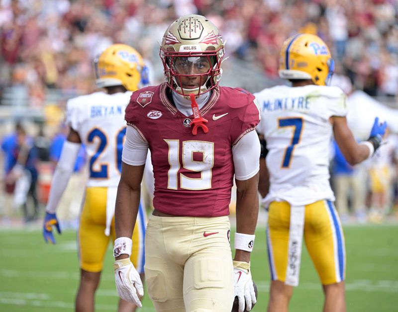 Oct 11, 2025; Tallahassee, Florida, USA; Florida State Seminoles wide receiver Micahi Danzy (19) after scoring a touchdown against the Pittsburgh Panthers in the fourth quarter at Doak S. Campbell Stadium. Mandatory Credit: Melina Myers-Imagn Images