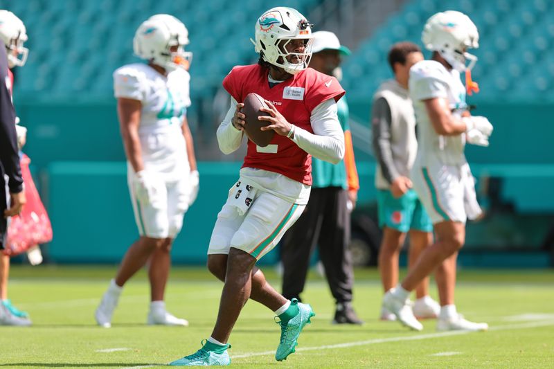 Aug 8, 2026; Miami Gardens, FL, USA; Miami Dolphins quarterback Malik Willis (2) works during practice at Hard Rock Stadium. Mandatory Credit: Sam Navarro-Imagn Images