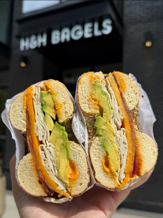 Packing an impressive 61 grams of protein the Southwest Turkey bagel at H&H Bagel features sliced avocado, sliced turkey, bacon, and pepper jack cheese.