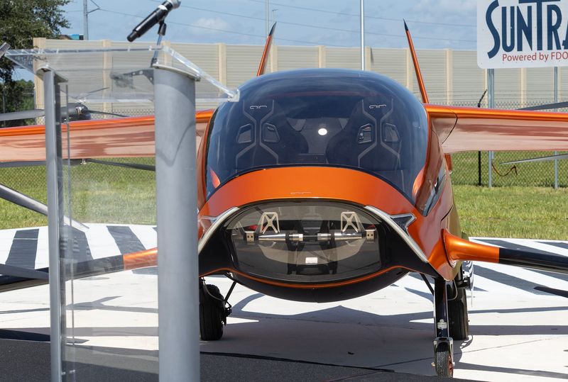 An advanced air mobility vehicle is on display during a media event Aug. 10 at the SunTrax facility in Auburndale. Gov. Ron DeSantis announced new plans for the testing of the craft, more commonly known as air taxis.