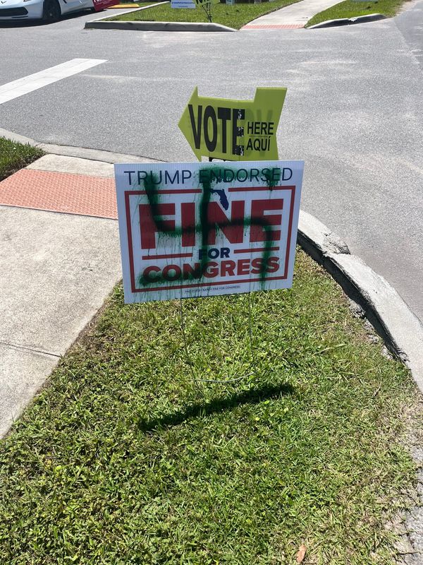 U.S. Rep. Randy Fine says this campaign sign outside an early voting site in Flagler Beach was vandalized with an antisemitic Nazi swastika. Fine is Jewish.