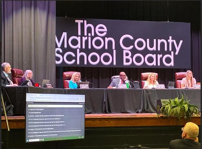 Marion County School Board members listens to speaks opposing rezoning Wyomina Elementary School at their Aug. 11, 2026 meeting.