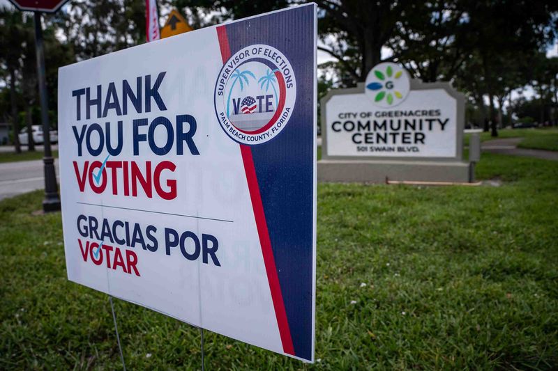 Signage at the early voting polling site at the Greenacres Community Center in Greenacres, Fla., on August 12, 2026.