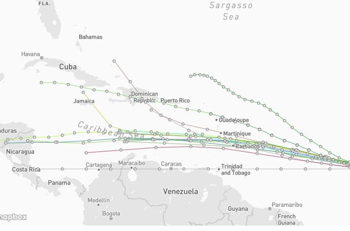 Spaghetti models for Invest 92L at 6 a.m. Aug. 13, 2026.